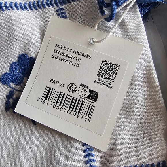 Sezane Set of 3 Pouches - Ecru w/ Blue Embroidery - NWT - Picture 3 of 14